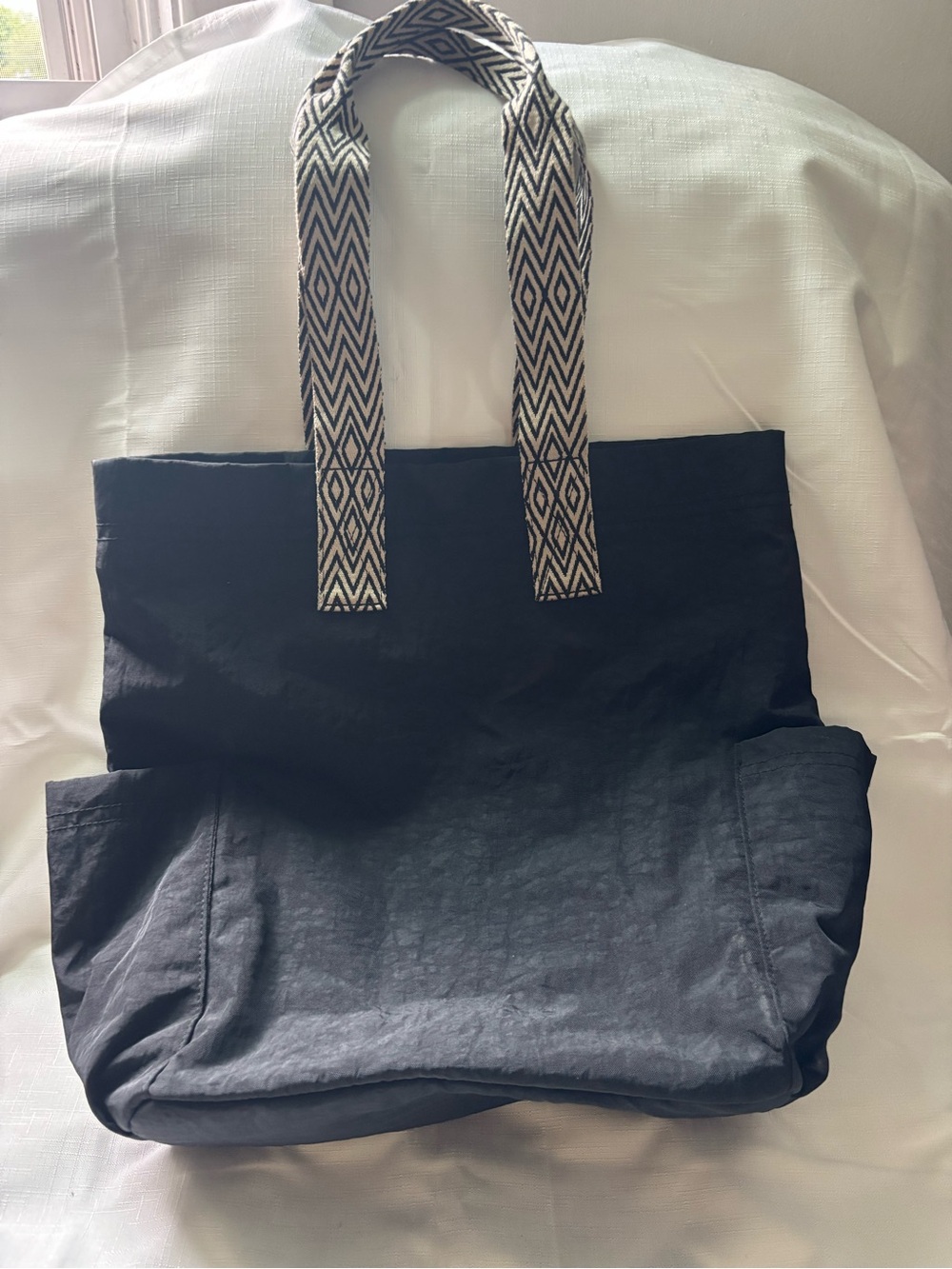 Universal Thread Black Tote with Geometric Patterned Handles